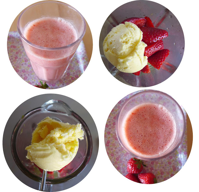 Batido de morango e gelado de baunilha/ Strawberry and vanilla ice-cream milkshake