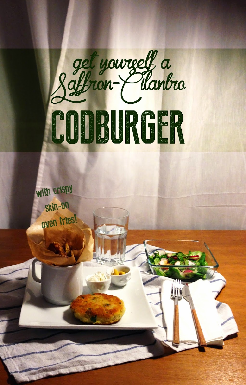fish and chips? { codfish burger with cilantro and red saffron }