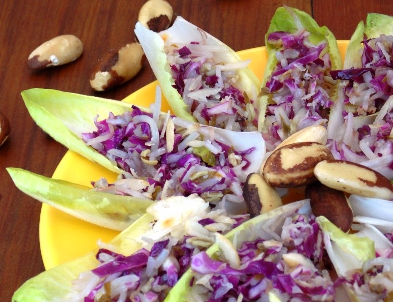 Salada de Endívia com Repolho Roxo e Broto de Feijão (vegana)